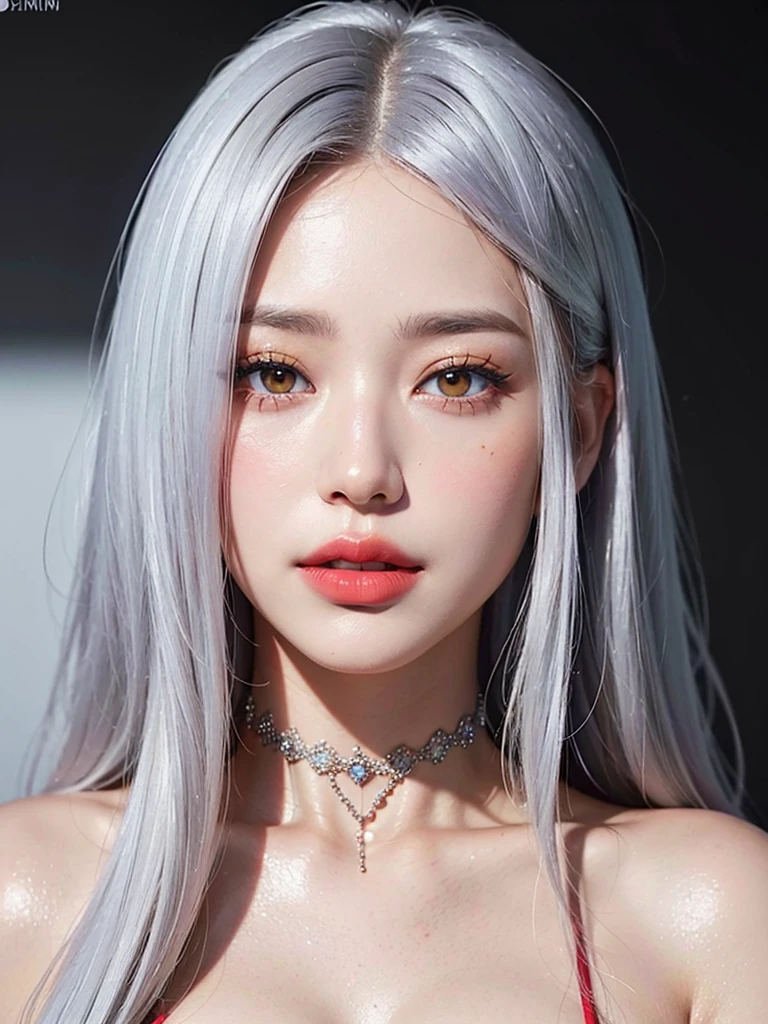 1girl, alone, solitary, high quality, (best quality,4k,8k,highres,masterpiece:1.2),ultra-detailed,(realistic,photorealistic,photo-realistic:1.37),gorgeous hair,white hair,long straight hair with bangs,sharp eyes,mole under the eye,plump lips,jewelry,(high detailed skin:1.4),(rim lighting:1.3),(lit:1.3),(sunny day:1.3),portrait,beautiful lips,waist-length hair,seductive gaze,moles,casual clothes,colorful clothing,close up,super long hair,choker necklace,light eyes,bangs,fringe,20 year old,dimples on the cheeks,dimples,platinum hair,whitehair,bright whitehair,black,red lips,red lipstick,round lips,round pouty lips,pouty lips,douyin makeup, sparkly makeup,glitter,contact lenses