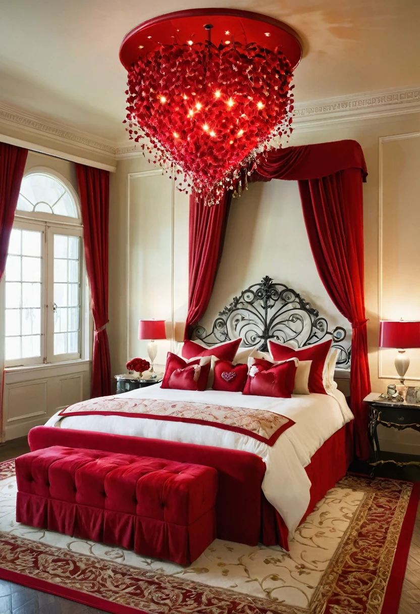 A luxurious bedroom, bathed in a romantic glow, exudes a sense of passion and intimacy. The plush red bed, adorned with soft linens and accented with a heart-shaped pillow, invites a peaceful retreat. The room's intricate details, from the ornate chandelier to the scattered rose petals, create a sense of timeless elegance.