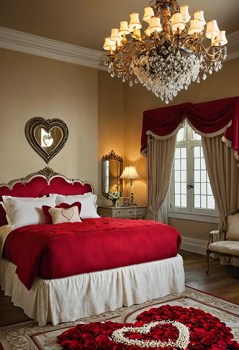 A luxurious bedroom, bathed in a romantic glow, exudes a sense of passion and intimacy. The plush red bed, adorned with soft linens and accented with a heart-shaped pillow, invites a peaceful retreat. The room's intricate details, from the ornate chandelier to the scattered rose petals, create a sense of timeless elegance.