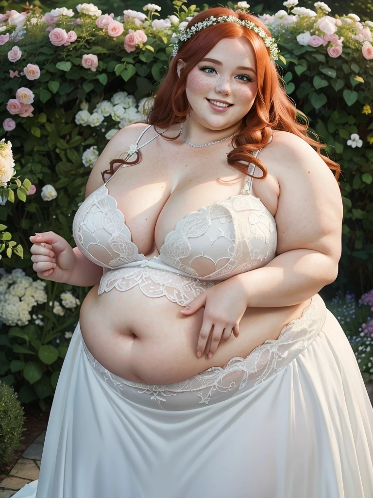 A Happy photo of a young beautiful redhead bbw bride with soft fat belly, wide fat obese hips, thick fat legs and fat arms, cute pretty face, small breasts, blue eyes, freckles, in an elegant detailed covering wedding dress in a beautiful flowery marriage garden
