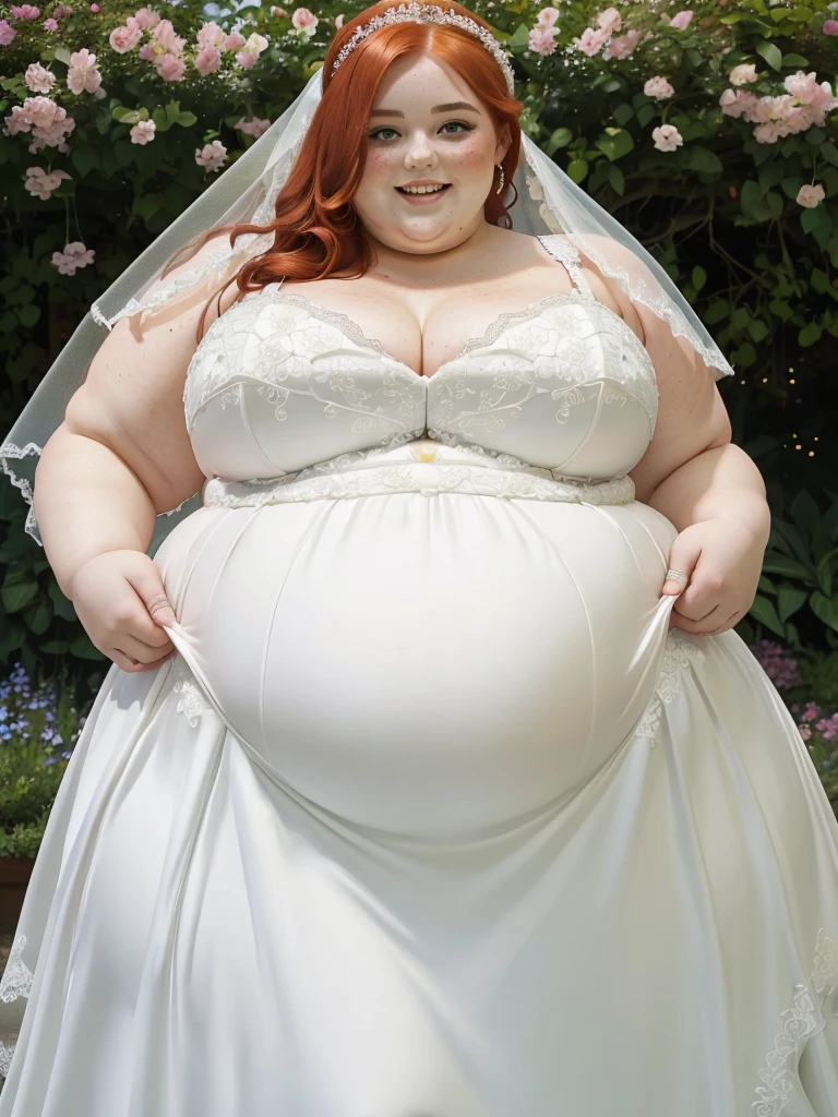 A Happy photo of a young beautiful redhead bbw bride with soft fat belly, wide fat obese hips, thick fat legs and fat arms, cute pretty face, small breasts, blue eyes, freckles, in an elegant detailed covering wedding dress in a beautiful flowery marriage garden