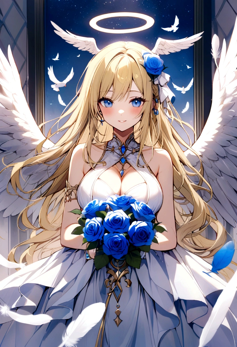 slender, mature female,feathers, angel_wings, wings, feathered_wings, white_feathers, white_wings, 1girl, halo, rating:safe, angel, solo, dove, breasts, jewelry, blonde_hair, long_hair, dress, rose, blue_eyes, bracelet, white_dress, looking_at_viewer, flower, bare_shoulders, sleeveless, medium_breasts, bangs, multiple_wings, sleeveless_dress, blue_flower, smile, eyebrows_visible_through_hair, large_breasts, closed_mouth, standing, spread_wings, blue_rose, white_flower, cleavage, white_rose, blush, head_wings, bird, single_wing, parted_lips