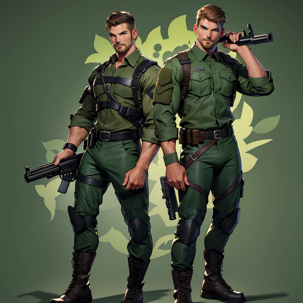 1 man, male focus solo, middle aged man,Stephen AMELL as an army man,  lean muscle,dark green T shirt, brown leather belt and boots, green(( camouflage tactical pants)) with ((big bulge)), full body shot, dark blond  short hair, well groomed facial hair, holding a gun with one hand, (gun:1.2), ultra high quality, masterpiece, ,( intense splashed of dark green  and brown paint in the blackground)