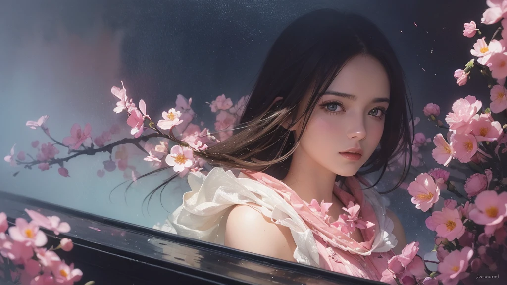 32k, Masterpiece, Highest quality, One girl, Brown Hair, Detailed eyes, flower,Freesia, Pink and navy style,A dreamy, romantic piece,Pale yellow, Mysterious Leaves,A playful arrangement,Fantasy,High Contrast,Ink strokes,explosion,Exposure, Impression of pink and navy tones,Abstract,((Watercolours by John Berkey and Jeremy Mann )) Brush strokes,Negative Space, Tyndall effect,