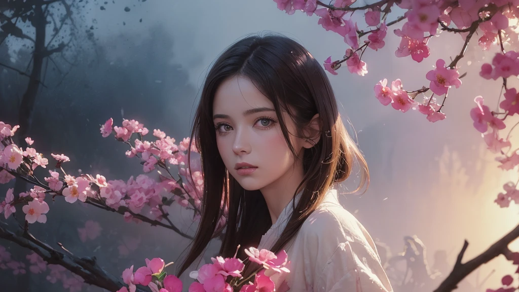32k, Masterpiece, Highest quality, One girl, Brown Hair, Detailed eyes, flower,Freesia, Pink and navy style,A dreamy, romantic piece,Pale yellow, Mysterious Leaves,A playful arrangement,Fantasy,High Contrast,Ink strokes,explosion,Exposure, Impression of pink and navy tones,Abstract,((Watercolours by John Berkey and Jeremy Mann )) Brush strokes,Negative Space, Tyndall effect,