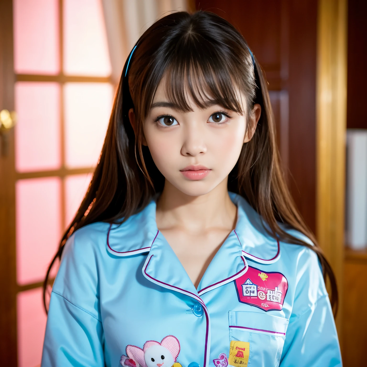 (Best-quality, Masterpiece, Ultra-High-Resolution, (Photorealistic:1.5), Raw Photo, depth of field, professional lighting, perfect anatomy, extremely details), 1girl, 15-years-old, the most famous Japanese idol, (extremely cute face like the most popular Japanese idol, ((extremely cute and extremely big eyes)), extremely beautiful hair, extremely beautiful skins), extremely cute long-eyelashes, extremely cute lips,
in private-room,
wearing pajamas with cute-design, detailed pajamas-with-cute-design,
(high on illegal-drugs):1.5)