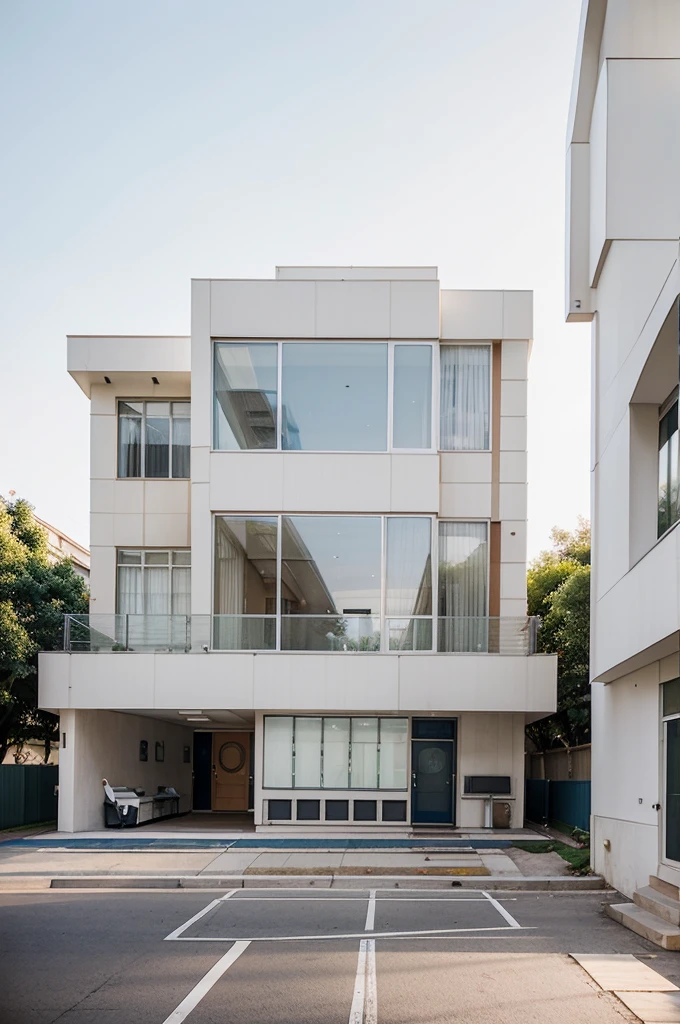 A house next to it is an office building, with a modern old vintage American style design, 2 floors with white nuances,cream,navy with a large backyard .sitting room,kitchen,dining room with no partitions