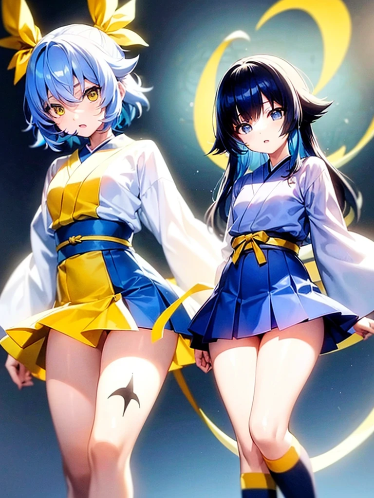 1Baby, anime girl, short girl, twins tail long hair style, blue hair with yellow combination, japanese highschool outfit, short skirt, blue eyes, aho ge, yellow ribbon each side of hair,  stary eye, glowing eyes, proportional body, proporsional fingers, 4fingers