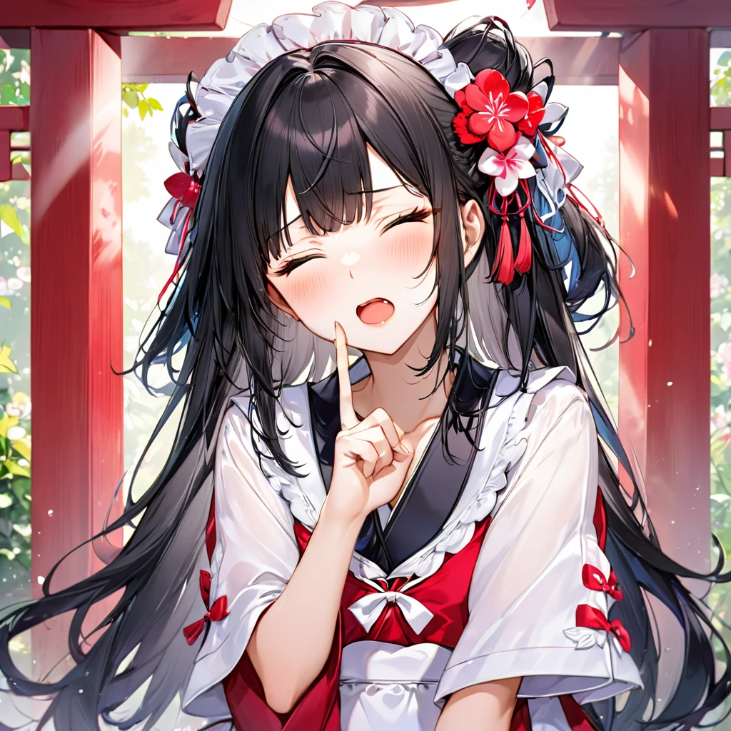(Tsundere love mode) (15 yo, solo blunt bangs:1.3 black hair long hair cute shrine maiden girl, sexy closed eyes, angry:1.3 face, pink lip open mouth), break, (in a summer shrine maiden clothes), (index finger raised), BREAK, perfect anatomy, masterpiece, best quality, 16k, beautiful detailed grow, daydreaming expression.