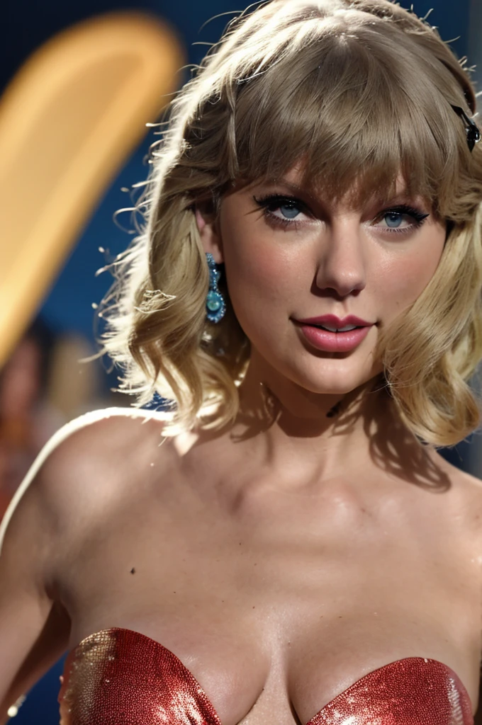 a beautiful detailed photo of Taylor Swift, wearing a sexy one-piece swimsuit, smiling, singing on the scene, holding microphone, with realistic and highly detailed skin texture, best quality, masterpiece, 4k, 8k, photorealistic, ultra-detailed, HDR, studio lighting, vibrant colors, professional