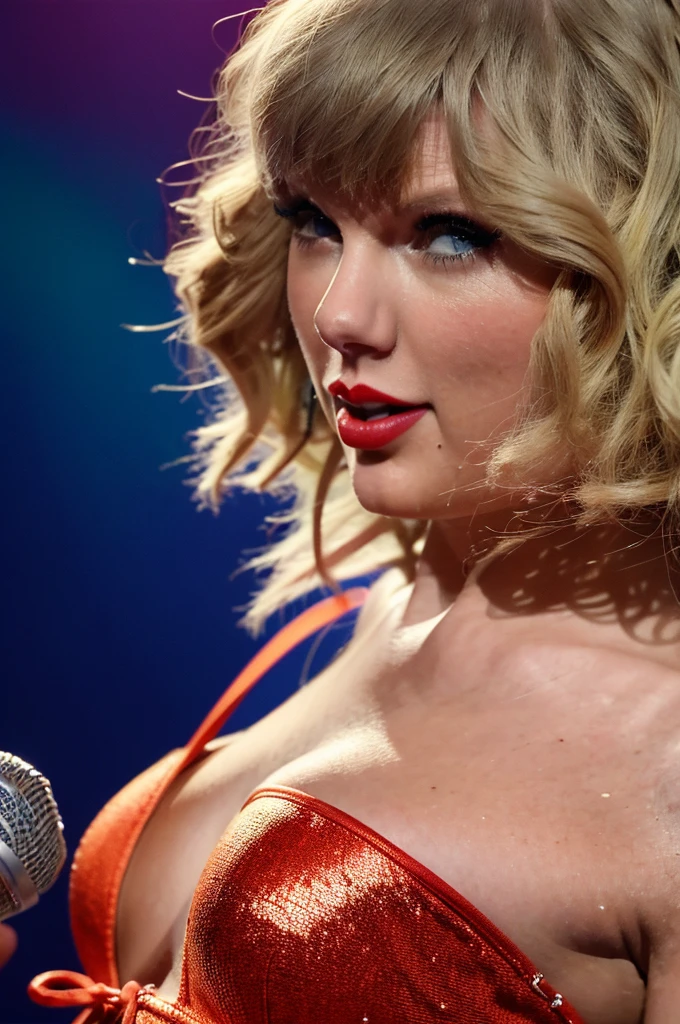 a beautiful detailed photo of Taylor Swift, wearing a sexy one-piece swimsuit, smiling, singing on the scene, holding microphone, with realistic and highly detailed skin texture, best quality, masterpiece, 4k, 8k, photorealistic, ultra-detailed, HDR, studio lighting, vibrant colors, professional