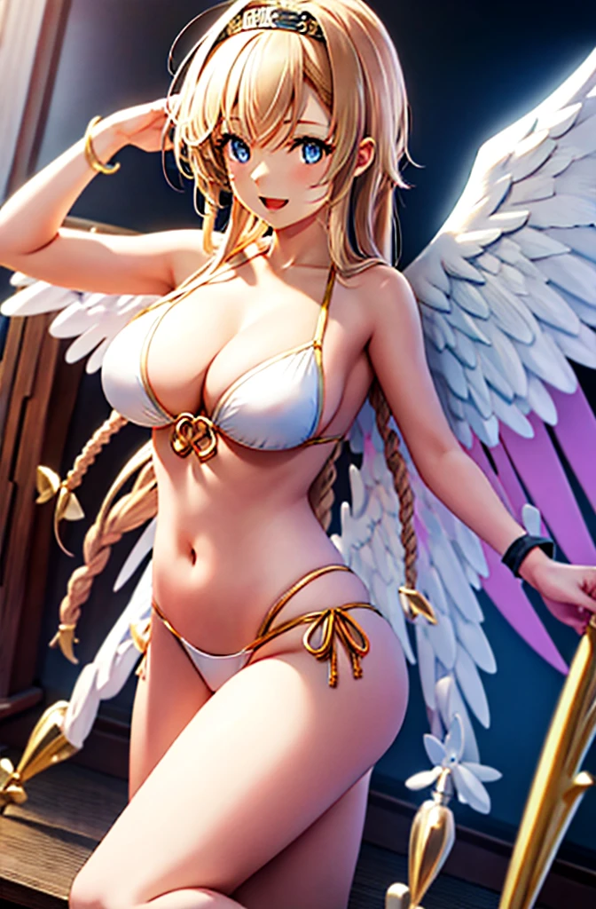 Arafe woman wearing a white bikini, belly button、Open Mouth Smile、Blonde hair and blue eyes、白いビキニを着ているsuper Wide Angel, Majestic angel all over the body, Anime Goddess, Wide Angel, Angela White, chic, Spectacular angles and poses,Beautiful and attractive anime woman wearing a white bikini, Huge and stunning goddess shots, Angel Knight Girl, Tall female angel, She has angel wings on her back, Highly detailed goddess shot