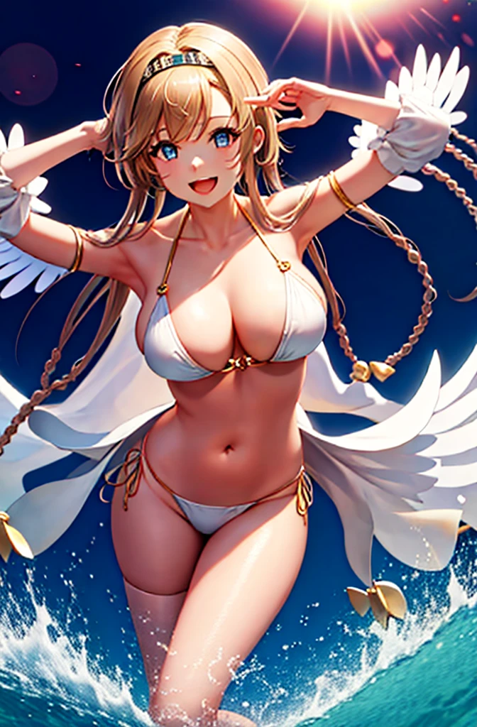 Arafe woman wearing a white bikini, belly button、Open Mouth Smile、Blonde hair and blue eyes、白いビキニを着ているsuper Wide Angel, Majestic angel all over the body, Anime Goddess, Wide Angel, Angela White, chic, Spectacular angles and poses,Beautiful and attractive anime woman wearing a white bikini, Huge and stunning goddess shots, Angel Knight Girl, Tall female angel, She has angel wings on her back, Highly detailed goddess shot