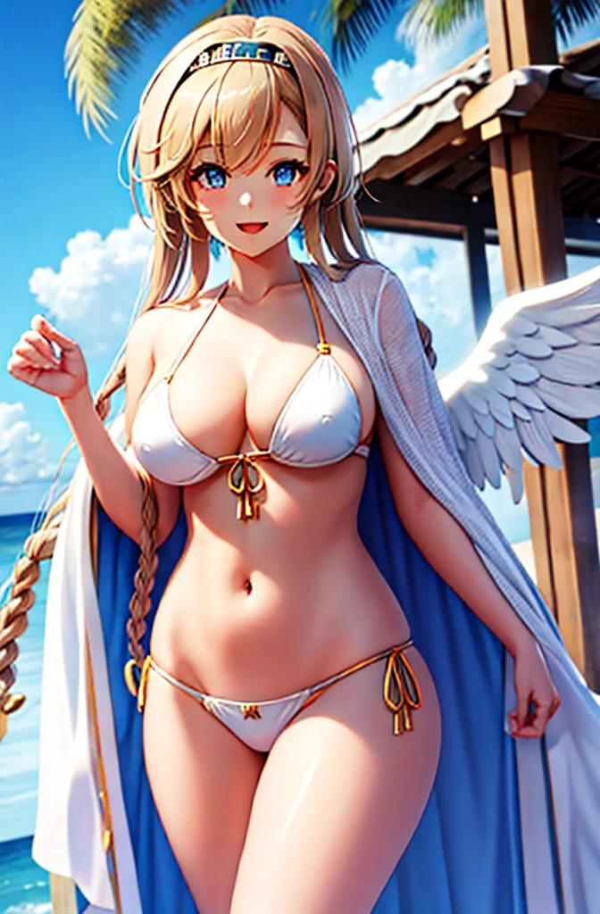 Arafe woman wearing a white bikini, belly button、Open Mouth Smile、Blonde hair and blue eyes、白いビキニを着ているsuper Wide Angel, Majestic angel all over the body, Anime Goddess, Wide Angel, Angela White, chic, Spectacular angles and poses,Beautiful and attractive anime woman wearing a white bikini, Huge and stunning goddess shots, Angel Knight Girl, Tall female angel, She has angel wings on her back, Highly detailed goddess shot