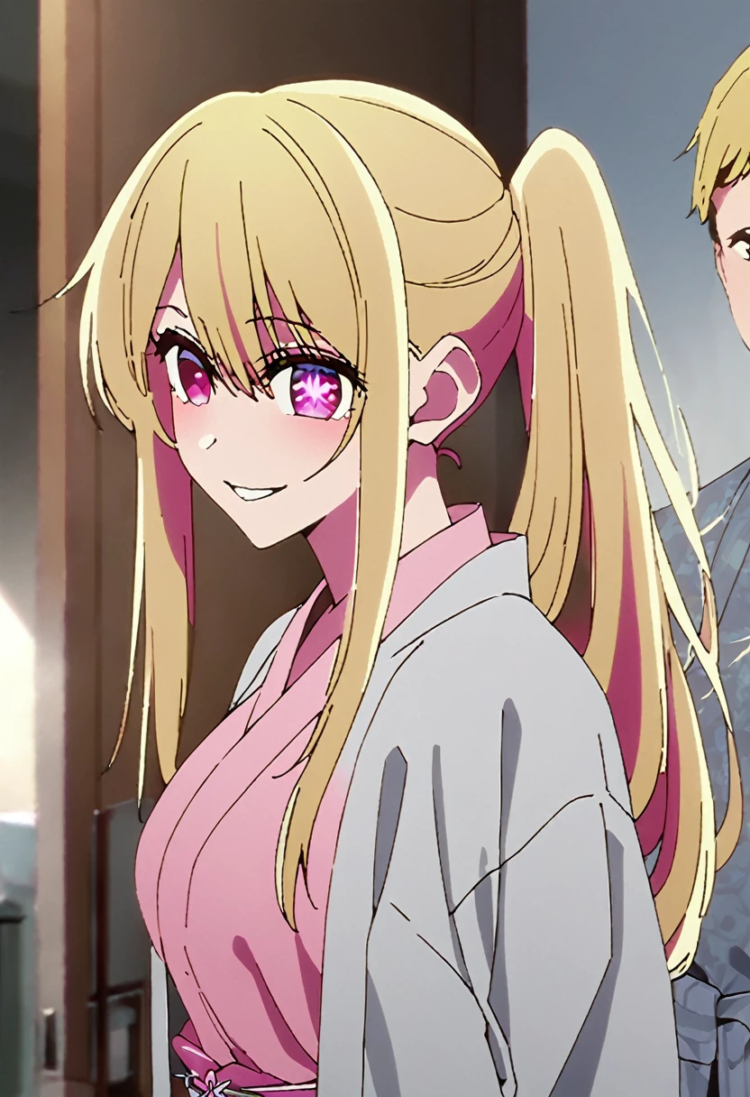 Blonde、Clothes falling apart、yukata、Highest quality、high resolution、8K,Highest quality、Star-shaped pupil、The best smile、long hair、Pink Eyes、ponytail、Cowboy Shot、One person