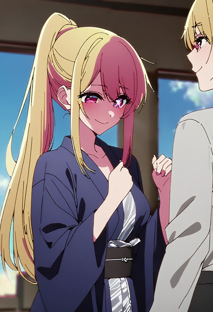 Blonde、Clothes falling apart、yukata、Highest quality、high resolution、8K,Highest quality、Star-shaped pupil、The best smile、long hair、Pink Eyes、ponytail、Cowboy Shot、One person