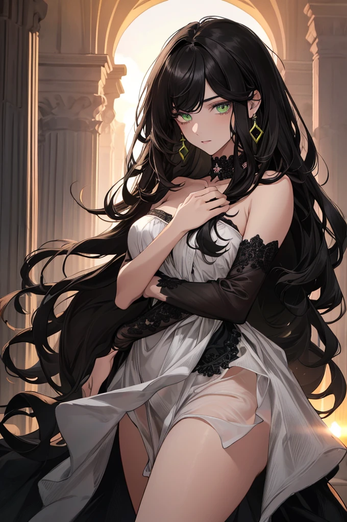 (top quality, masterpiece, high quality, ultra-delicate), ((beautiful girl)), (((adult)), ((Pure Dark black hair)), mature, graceful curves, ((long hair, long bangs)), ((detailed eyes)), ((bright green eyes)), ((detailed eyes)), nose, bangs, black collar, ((Revealing White Dress)), V neck, seductive, standing shoulderless dress,, thick thighs, green earrings, Good Lighting, Sunset.