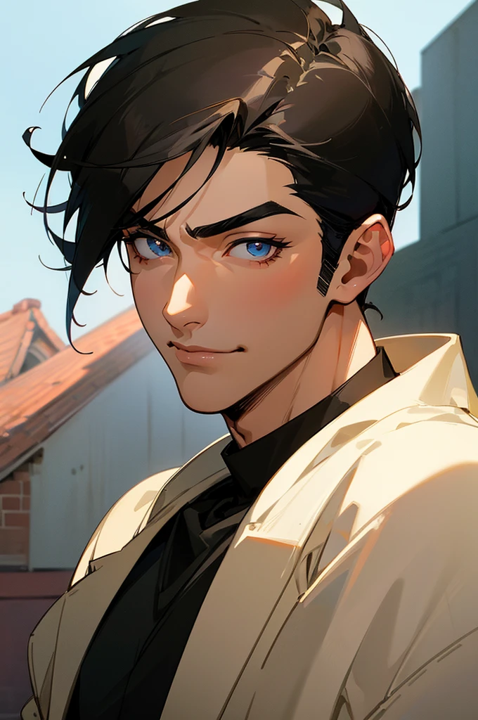 (masterpiece), best quality, expressive eyes, perfect face, anime, guy, black hair and eyes, good looking, muscular, gentle smile, adult, old Hollywood handsome guy, heart throb, cool short hair cut, dramatic, lighting