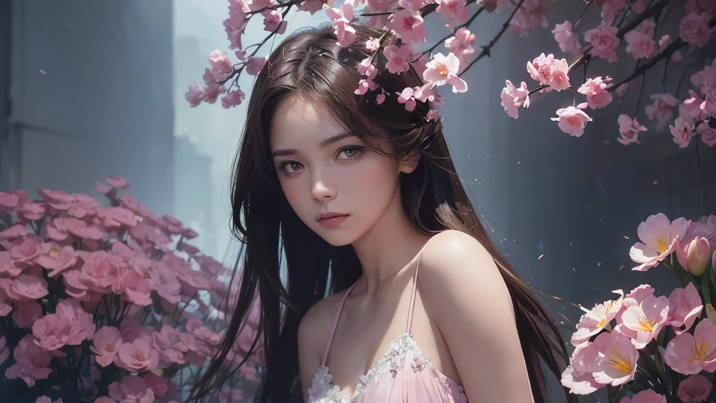 32k, Masterpiece, Highest quality, One girl, Brown Hair, Detailed eyes, flower,Freesia, Pink and navy style,A dreamy, romantic piece,Pale yellow, Mysterious Leaves,A playful arrangement,Fantasy,High Contrast,Ink strokes,explosion,Exposure, Impression of pink and navy tones,Abstract,((Watercolours by John Berkey and Jeremy Mann )) Brush strokes,Negative Space, Tyndall effect,
