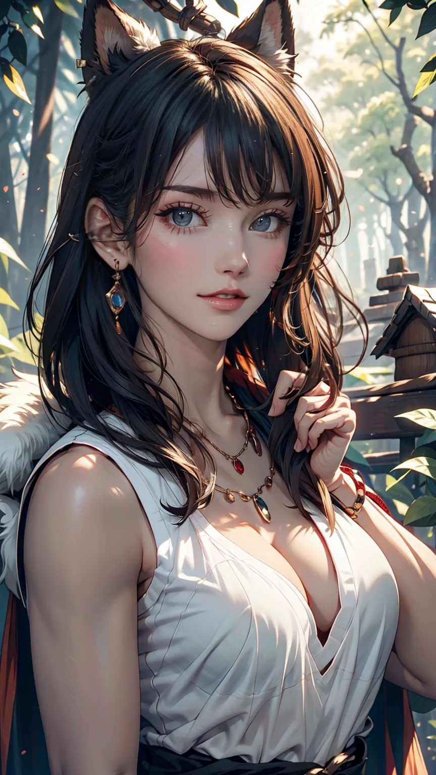 (masterpiece, Highest quality, Highest quality, Official Art, beautiful ofd aesthetic:1.2,Realistic:1.4, ),もofofけ姫, AS-Younger, Blood, Threatening, Scared,
Ghibli style, of \(mononoke hime\), 1人of女of子, bracelet, bofgs, Black Hair, black undershirt, chest, Cape, Circlet, Earrings, Face Paint, Floating Hair, forest, fur Cape, 緑of目, jewelry, Show Viewer, medium chest, nature, necklace, Outdoor, parted bofgs, shirt, short hair:1.2, Sleeveless, Sleeveless shirt, alone, tooth necklace, wood, Upper Body, white shirt ,