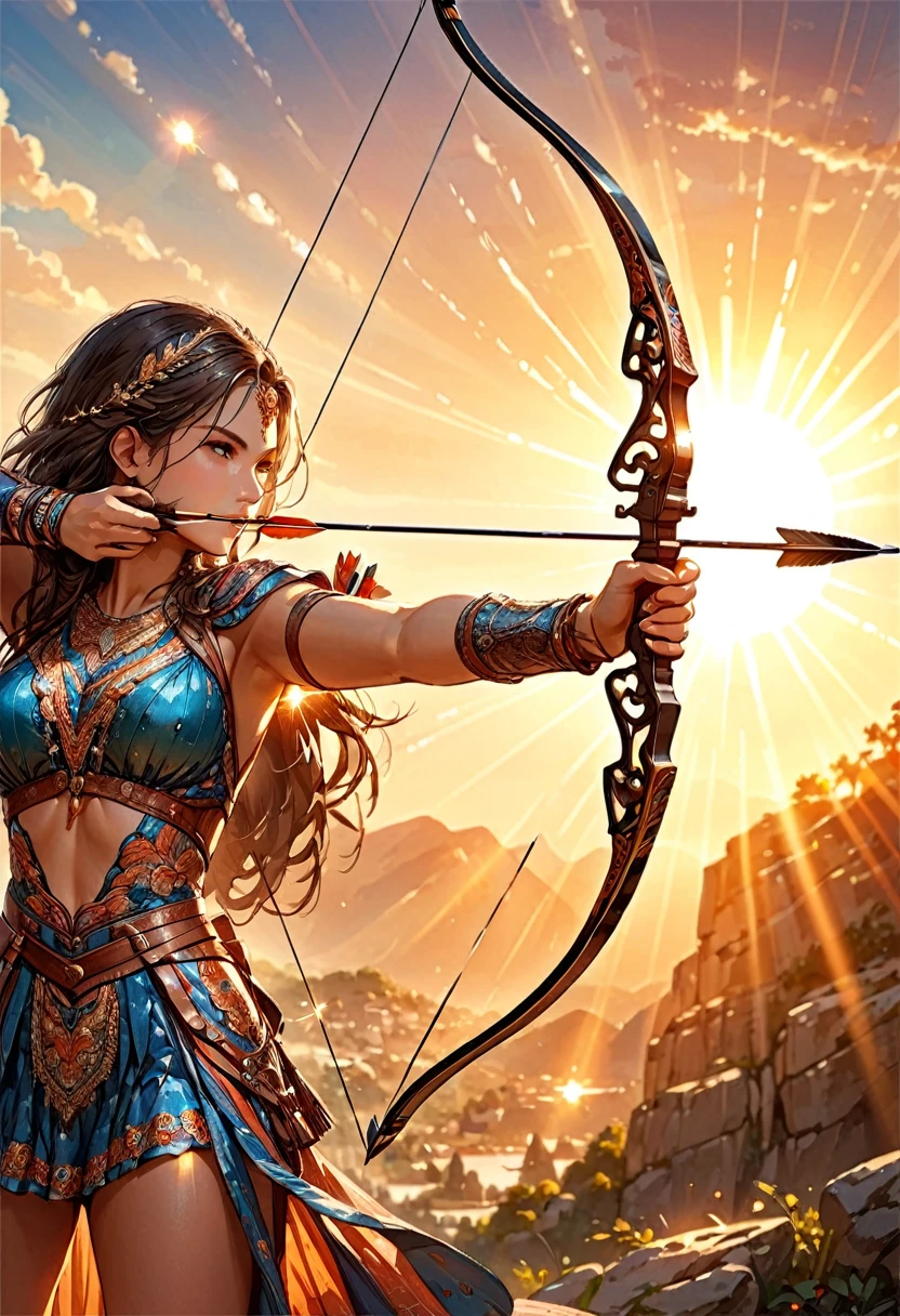 a watercolor illustration of a exquisite beautiful female archer, (silhouette artwork: 1.3), aiming a bow, holding the bow perfectly, ready for action as the sun rises, fantasy art, ), sun rising behind the archer, ready to act,  ultra feminine, with a long curvy hair, dynamic clothing, intricate clothes, , sting drawn to the cheek , arrow ready to be shot, (tip of the arrow glimmers in the sun: 1.3), sunrays, divine rays, high details, best quality, 16k, [ultra detailed], masterpiece, best quality, (extremely detailed), dynamic angle, Aiming a Bow, bow (weapon)
