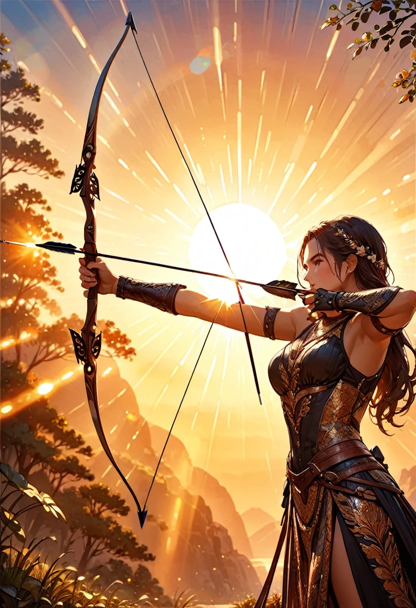 a watercolor illustration of a exquisite beautiful female archer, (silhouette artwork: 1.3), aiming a bow, holding the bow perfectly, ready for action as the sun rises, fantasy art, ), sun rising behind the archer, ready to act,  ultra feminine, with a long curvy hair, dynamic clothing, intricate clothes, , sting drawn to the cheek , arrow ready to be shot, (tip of the arrow glimmers in the sun: 1.3), sunrays, divine rays, high details, best quality, 16k, [ultra detailed], masterpiece, best quality, (extremely detailed), dynamic angle, Aiming a Bow, bow (weapon)