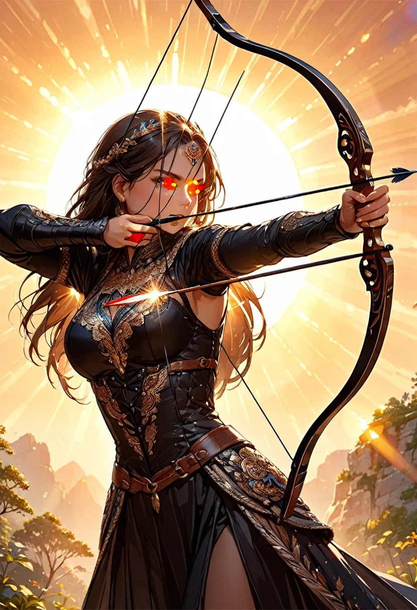 a watercolor illustration of a exquisite beautiful female archer, (silhouette artwork: 1.3), aiming a bow, holding the bow perfectly, ready for action as the sun rises, fantasy art, ), sun rising behind the archer, ready to act,  ultra feminine, with a long curvy hair, dynamic clothing, intricate clothes, , sting drawn to the cheek , arrow ready to be shot, (tip of the arrow glimmers in the sun: 1.3), sunrays, divine rays, high details, best quality, 16k, [ultra detailed], masterpiece, best quality, (extremely detailed), dynamic angle, Aiming a Bow, bow (weapon)