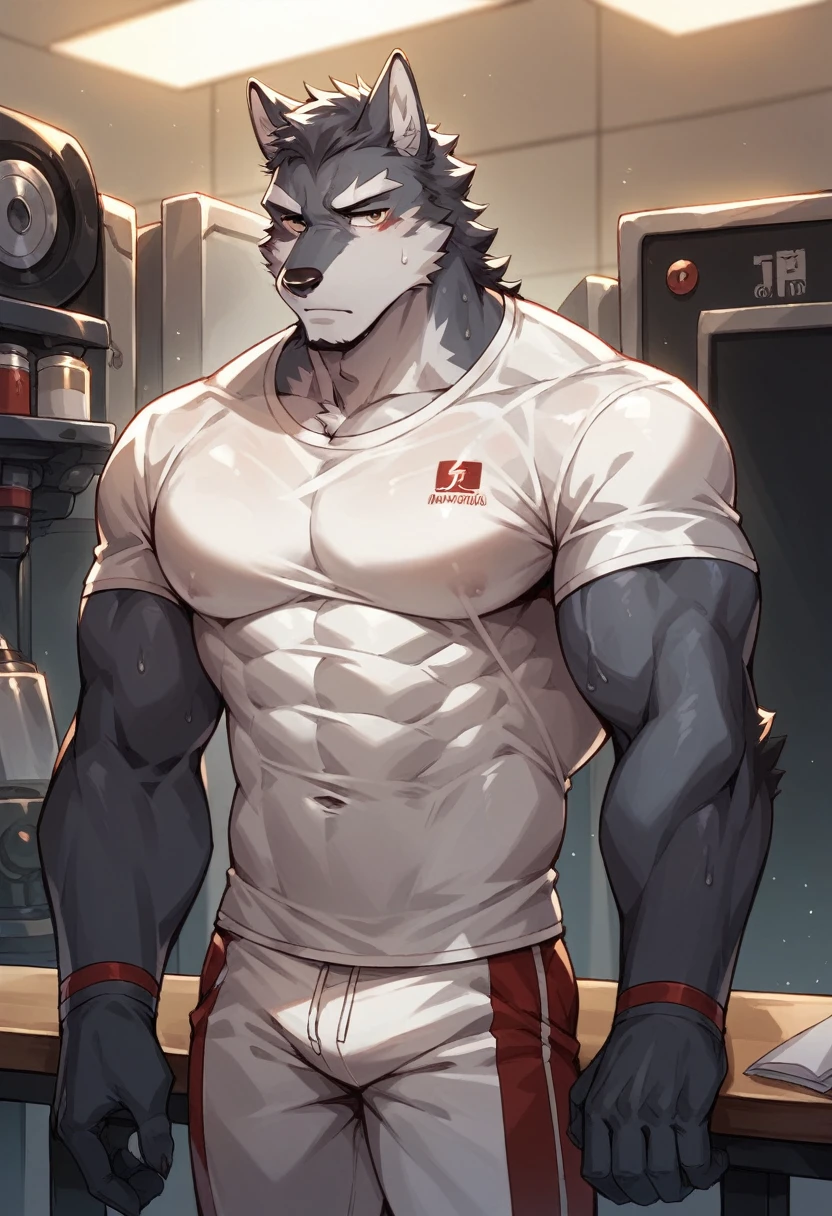 a humanoid wolf, man, muscular, cappuccino coat, tight red t-shirt, sweating, marked, ????, Mechanical workshop 