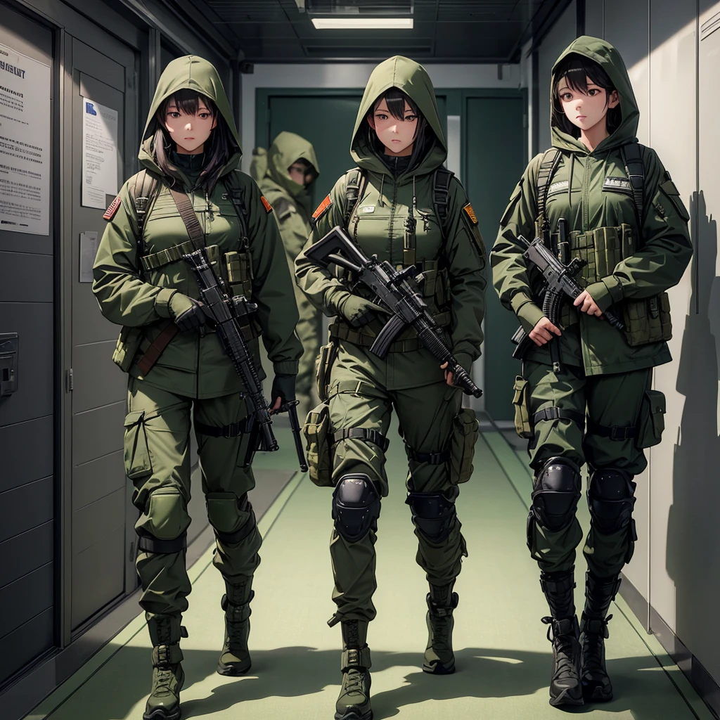 Three female soldiers with guns、Wearing dark green M-51 hooded military uniform、Hooded on head、Military Pants、Magazine Pouch、Tactical harness、Knee pads、In front of the elevator door、best quality、Highly detailed CG、8K picture quality、Theatre lighting、lens flare