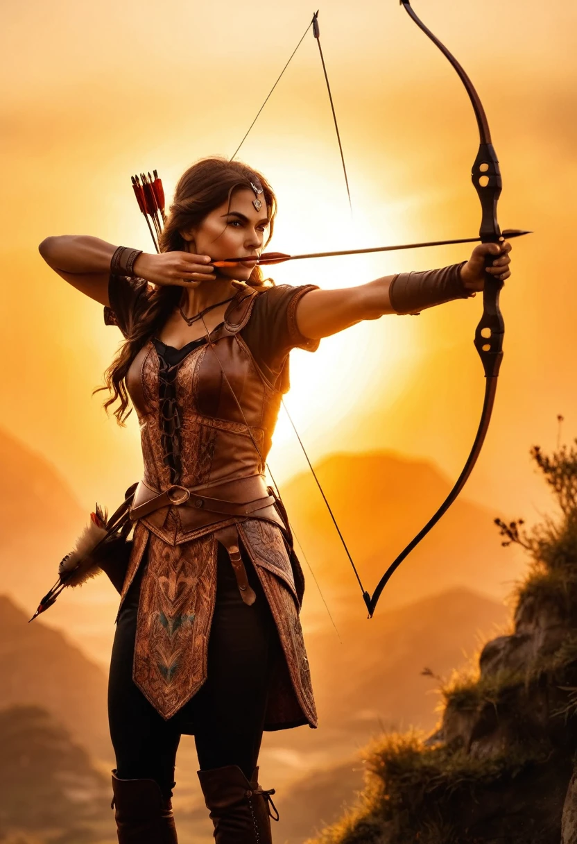 a watercolor illustration of a exquisite beautiful female archer, (silhouette artwork: 1.3), aiming a bow, holding the bow perfectly, ready for action as the sun rises, fantasy art, ), sun rising behind the archer, ready to act,  ultra feminine, with a long curvy hair, dynamic clothing, intricate clothes, , sting drawn to the cheek , arrow ready to be shot, (tip of the arrow glimmers in the sun: 1.3), sunrays, divine rays, high details, best quality, 16k, [ultra detailed], masterpiece, best quality, (extremely detailed), dynamic angle, Aiming a Bow, bow (weapon)