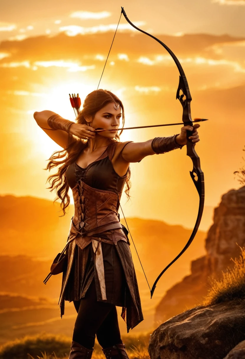 a watercolor illustration of a exquisite beautiful female archer, (silhouette artwork: 1.3), aiming a bow, holding the bow perfectly, ready for action as the sun rises, fantasy art, ), sun rising behind the archer, ready to act,  ultra feminine, with a long curvy hair, dynamic clothing, intricate clothes, , sting drawn to the cheek , arrow ready to be shot, (tip of the arrow glimmers in the sun: 1.3), sunrays, divine rays, high details, best quality, 16k, [ultra detailed], masterpiece, best quality, (extremely detailed), dynamic angle, Aiming a Bow, bow (weapon)