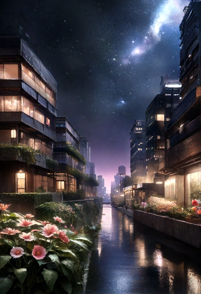 Starry sky and skyscrapers
(Highest quality,4K,8K,High resolution,masterpiece:1.2),Super detailed,(Realistic,photoRealistic,photo-Realistic:1.37),High resolution,超High resolution,Studio Lighting,very,Peaceful and calm,Quiet atmosphere,Soft moonlight,Calm,A lush rooftop garden with colorful flowers,A gentle breeze gently sways the plants,Fresh night air,The faint sounds of the city below,Deep purple hues in the night sky,Sparkling stars scattered across a dark canvas,A glimmer of light from a distant building,Reflection of the moon on the surface of a building,A subtle shadow illuminated by the moonlight,CalmCalmカラーパレット,A fantastical and dreamy atmosphere