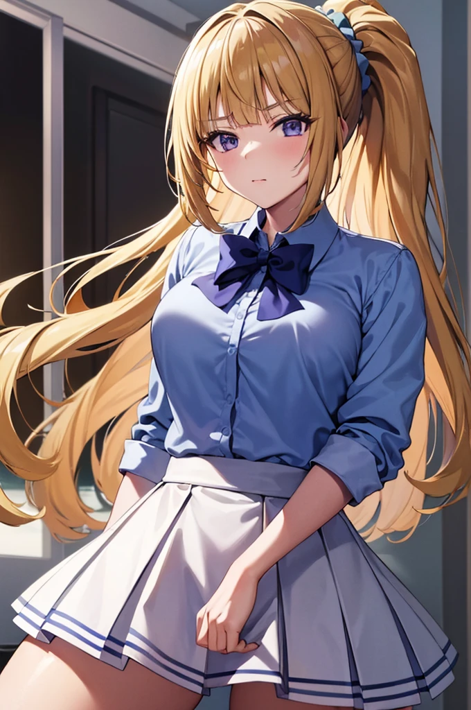 (8k, best quality, masterpiece,ultra detailed, ultra high res:1.2), 
1girl,
Kei Karuizawa, 
Kei Karuizawa \(youjitsu\),
long hair, ponytail, 
yellow hair, 
purple eyes, 
blue bow, hair scrunchie, 
medium breasts, 
, red blazer, long sleeves, blue blouse, pleated white skirt, white calf socks, 
looking at viewer, 
cowboy shot, 
perfect light, 