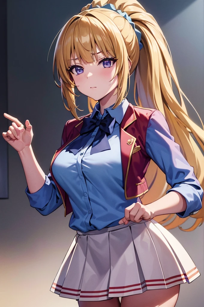 (8k, best quality, masterpiece,ultra detailed, ultra high res:1.2), 
1girl,
Kei Karuizawa, 
Kei Karuizawa \(youjitsu\),
long hair, ponytail, 
yellow hair, 
purple eyes, 
blue bow, hair scrunchie, 
medium breasts, 
, red blazer, long sleeves, blue blouse, pleated white skirt, white calf socks, 
looking at viewer, 
cowboy shot, 
perfect light, 