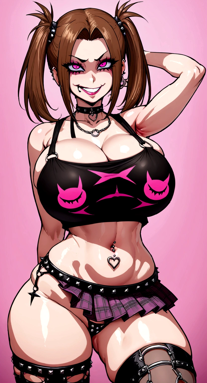 big lips, Brown hair, pink eyes, japanese face, improve, improve grin, two sides up, huge breasts, Wide hips, sexy, detailed, pink room, Hits, (evil smile1.4), kawaii, pleated skirt, punk, GOOD, Pink and black suit, plaid skirt, punk shirt, choker, punk skirt, punk shirt,navel piercing