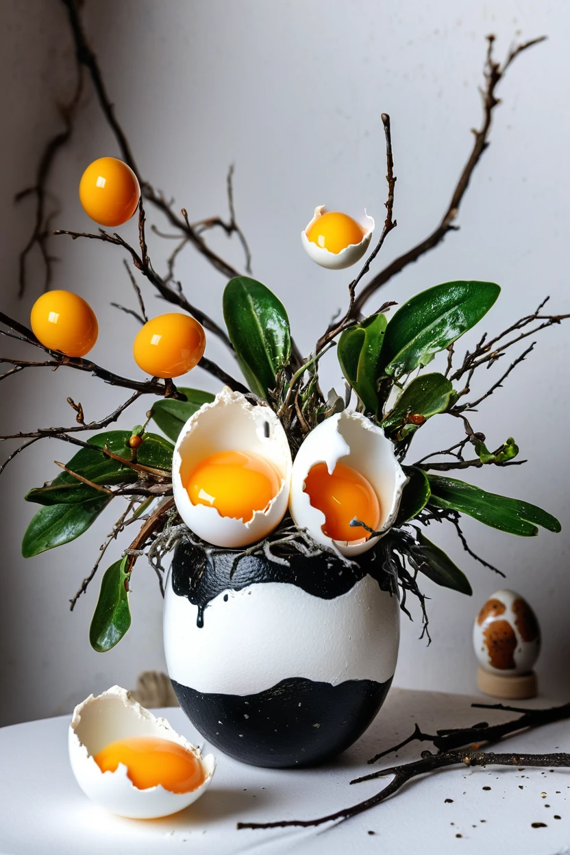Surreal Still Life Paintings Blending Food and Nature. Fried eggs on branches in white vase, Runny egg yolk dripping, Dark texture background, Quail egg shells scattered on the bottom, Plant leaves, Concept 3D Realism, Inspired by the art of Giuseppe Arcimboldo, masterpiece
