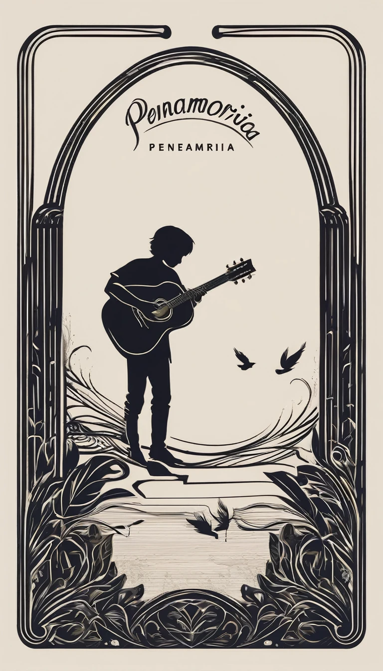 A minimal, modern, simple, cinematic logotype for the brand “Penamemoria". The logotype must be a simple, magical feather and a boy playing acoustic guitar. The logo must convey a sense of music, stories and dreams. Logo design impressed on a book cover. Minimalistic logo
