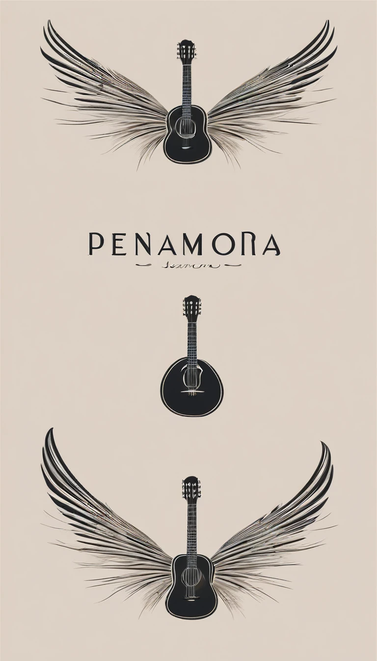 A minimal, modern, simple, cinematic logotype for the brand “Penamemoria". The logotype must be a simple, magical feather and a boy playing acoustic guitar. The logo must convey a sense of music, stories and dreams. Logo design impressed on a book cover. Minimalistic logo
