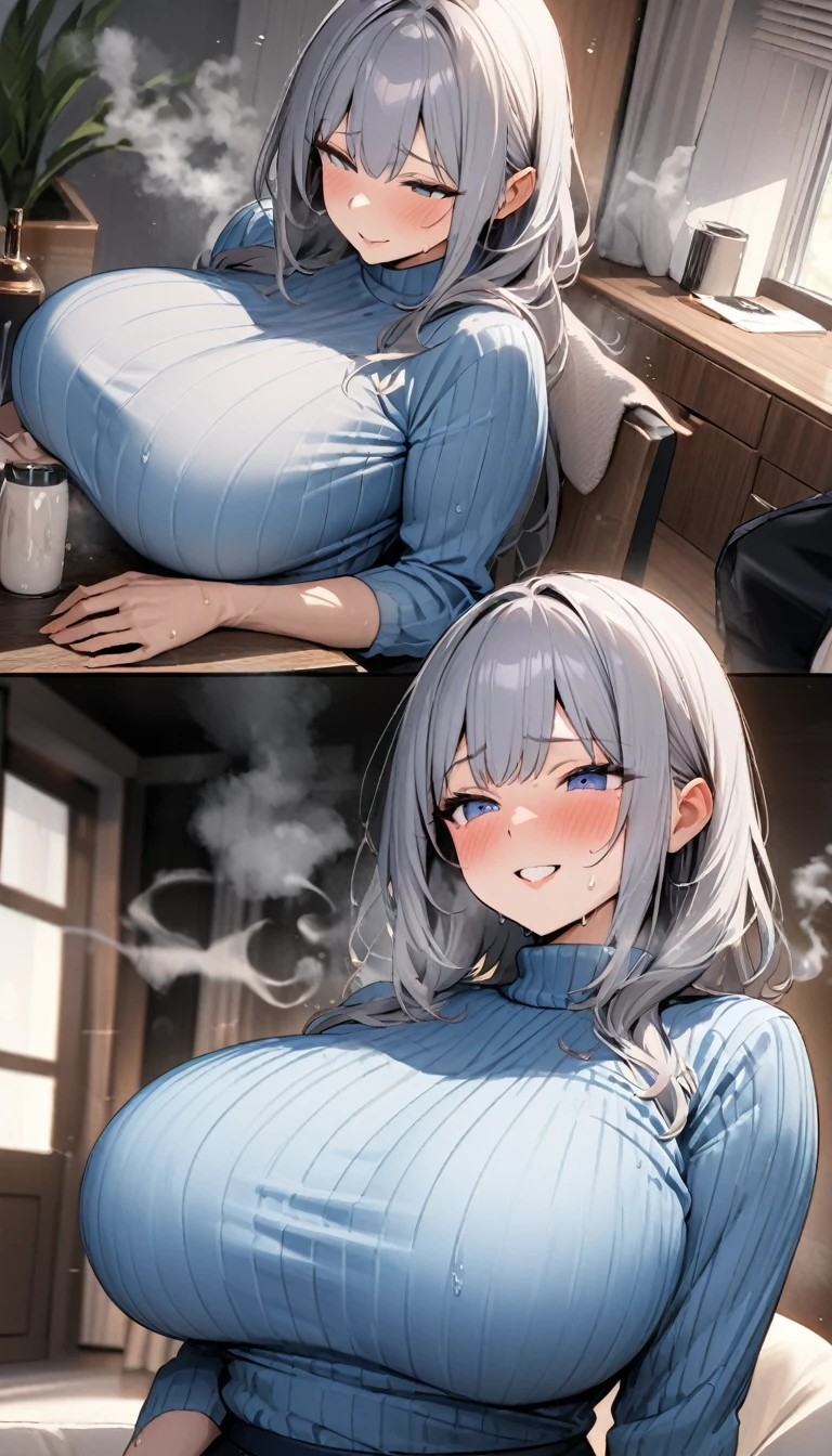 /(Modern home interior/), Only one female, Mature Woman, /(blue ribbed Sweater/), bangs, A gentle blushing smile, (Masterpiece Top quality:1.2) Delicate illustrations, super detailed, Large Breasts、((Sweat,vapor,Vulgarity))、Tight sweater