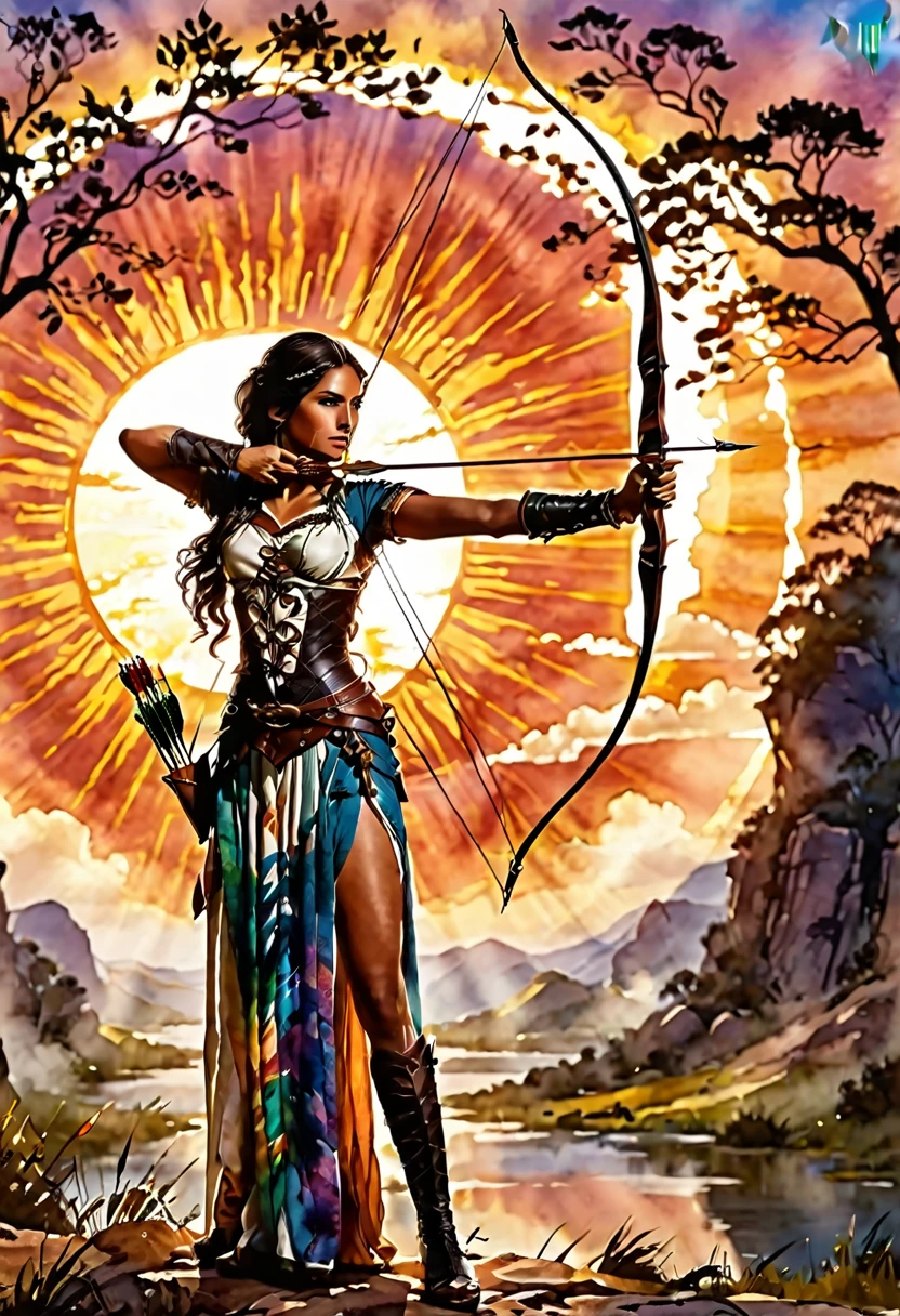 a watercolor illustration of a exquisite beautiful female archer, (silhouette artwork: 1.3), aiming a bow, holding the bow perfectly, ready for action as the sun rises, fantasy art, ), sun rising behind the archer, ready to act,  ultra feminine, with a long curvy hair, dynamic clothing, intricate clothes, , sting drawn to the cheek , arrow ready to be shot, (tip of the arrow glimmers in the sun: 1.3), sunrays, divine rays, high details, best quality, 16k, [ultra detailed], masterpiece, best quality, (extremely detailed), dynamic angle, Aiming a Bow, bow (weapon)