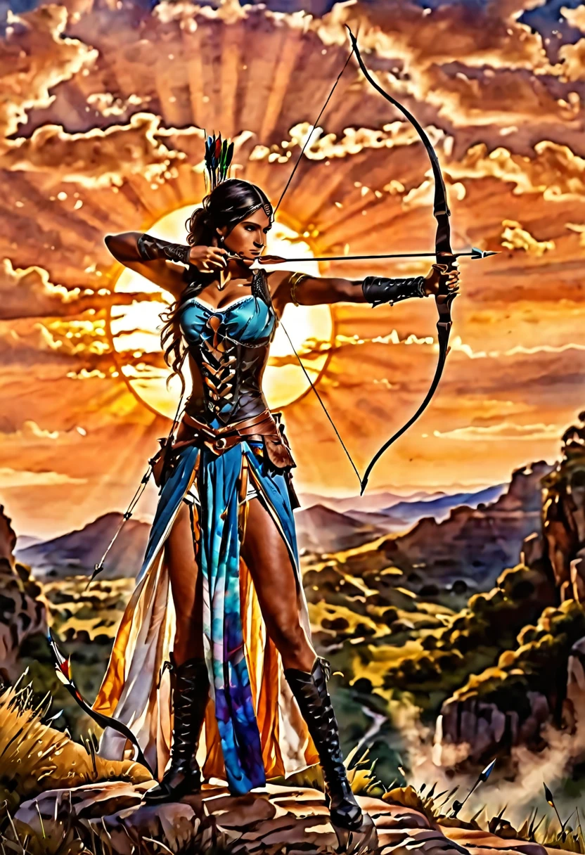 a watercolor illustration of a exquisite beautiful female archer, (silhouette artwork: 1.3), aiming a bow, holding the bow perfectly, ready for action as the sun rises, fantasy art, ), sun rising behind the archer, ready to act,  ultra feminine, with a long curvy hair, dynamic clothing, intricate clothes, , sting drawn to the cheek , arrow ready to be shot, (tip of the arrow glimmers in the sun: 1.3), sunrays, divine rays, high details, best quality, 16k, [ultra detailed], masterpiece, best quality, (extremely detailed), dynamic angle, Aiming a Bow, bow (weapon)