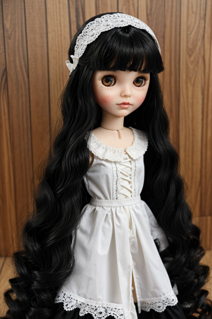 doll "Blythe doll" with long black wavy hair, white skin, and black eyes