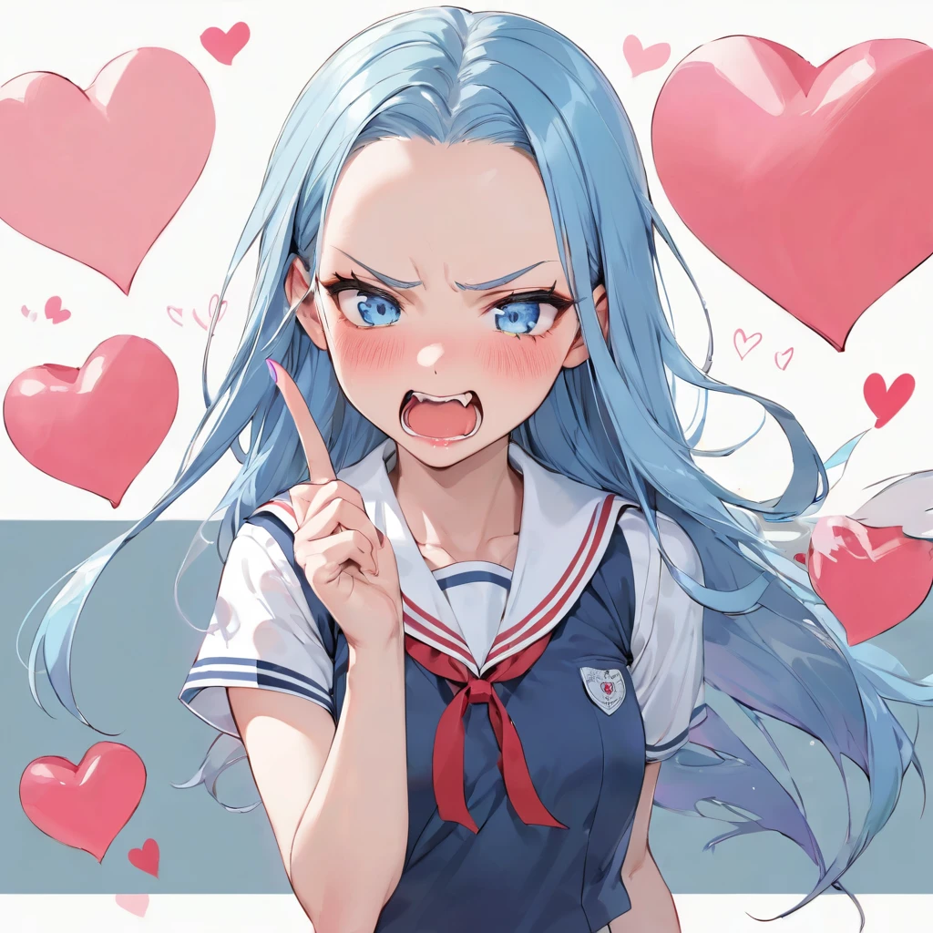 (Tsundere love:1.3 mode) (15 yo, solo:2 forehead blue hair long hair cute girl, lovely blue eyes, angry face, pink lip open mouth), break, (in a summer school sailor suit, red ribbon, skirt), (index finger raised), BREAK, heart effect, perfect anatomy, masterpiece, best quality, 16k, beautiful detailed grow, daydreaming expression.
