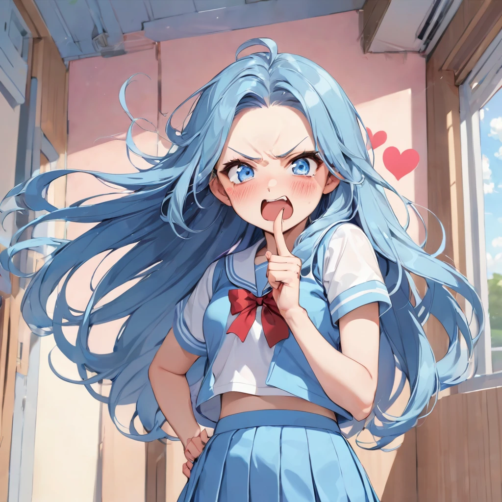 (Tsundere love:1.3 mode) (15 yo, solo:2 forehead blue hair long hair cute girl, lovely blue eyes, angry face, pink lip open mouth), break, (in a summer school sailor suit, red ribbon, skirt), (index finger raised), BREAK, heart effect, perfect anatomy, masterpiece, best quality, 16k, beautiful detailed grow, daydreaming expression.