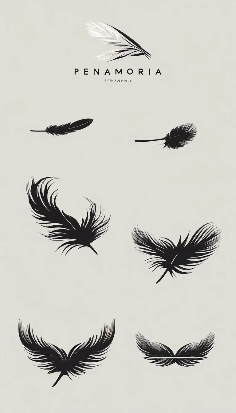 A minimal, modern, simple, cinematic logo design for the brand “Penamemoria". Create a modern, minimalistic, high-quality, logo of a bird feather