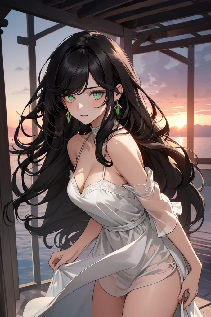 (top quality, masterpiece, high quality, ultra-delicate), ((beautiful girl)), (((adult)), ((Pure Dark black hair)), mature, graceful curves, ((long hair, long bangs)), ((detailed eyes)), ((bright green eyes)), ((detailed eyes)), nose, bangs, black collar, ((Revealing White Dress)), V neck, seductive, standing shoulderless dress,, thick thighs, green earrings, Good Lighting, Sunset.