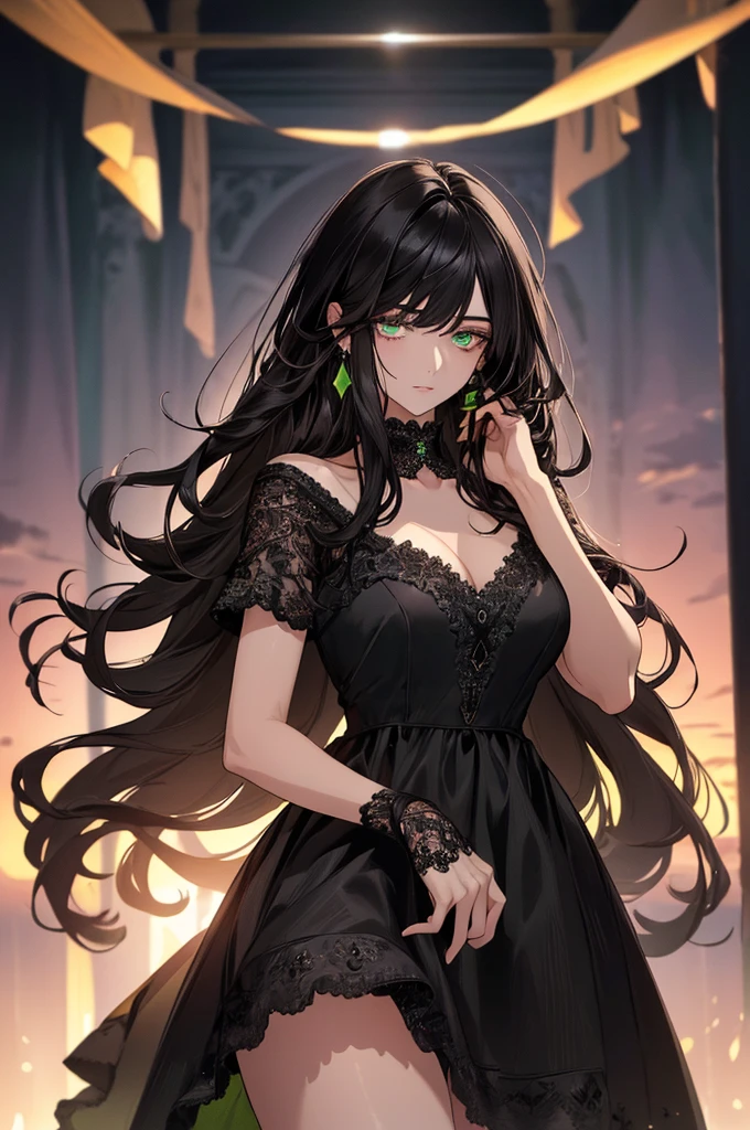 (top quality, masterpiece, high quality, ultra-delicate), ((beautiful girl)), (((adult)), ((Pure Dark black hair)), mature, graceful curves, ((long hair, long bangs)), ((detailed eyes)), ((bright green eyes)), ((detailed eyes)), nose, bangs, black collar, ((Revealing White Dress)), V neck, seductive, standing shoulderless dress,, thick thighs, green earrings, Good Lighting, Sunset.