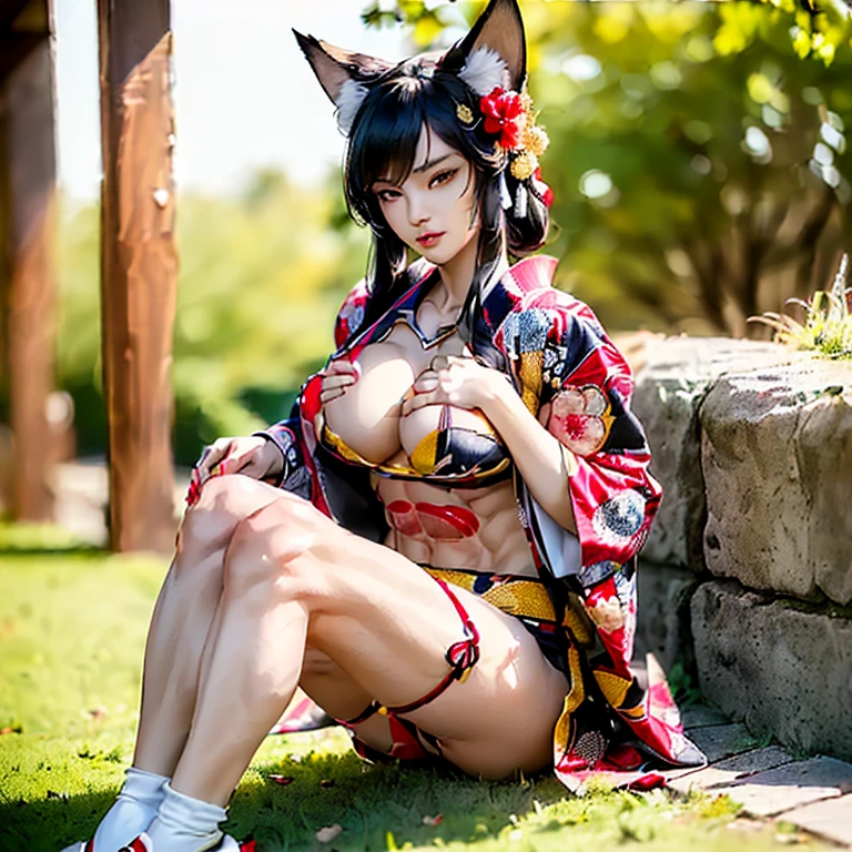 (Fox Girl, Fox Ears, Black colored hair, Fox Makeup, One Girl, Long Hair:1.6), (kimono, Kimono with open chest, A beautiful kimono with red and black patterns, I can see her cleavage, Open chest, Exposed skin:1.8), (Body size is 100-70-90!, Nice body, Big Breasts, Soft breasts, Emphasize cleavage, Knees are slightly visible, Muscular, Abdominal muscles, Grab your own chest:1.9), Avatar, face, lewd face, Dominant representation, naughty face, Uplifting, Skin Texture, outside, Grassy field