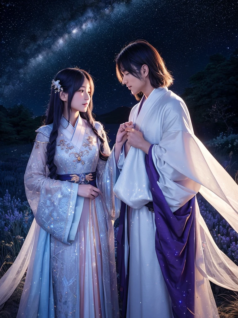Under a star-filled sky, Orihime and Hikoboshi stand on opposite sides of the shimmering Milky Way, their eyes meeting with a sense of longing and love. The night is illuminated by a soft, ethereal glow, with delicate hues of blue and purple blending into the darkness. Surrounding them are twinkling stars, glowing mist, and mystical constellations, creating a magical and otherworldly atmosphere. Both characters are dressed in traditional celestial robes adorned with intricate patterns, adding to the enchantment of the scene."