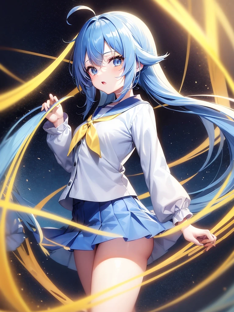1Baby, anime girl, short girl, twins tail long hair style, blue hair with yellow combination, japanese highschool outfit, short skirt, blue eyes, aho ge, yellow ribbon each side of hair, stary eye, glowing eyes, proportional body, proporsional fingers, 4fingers
